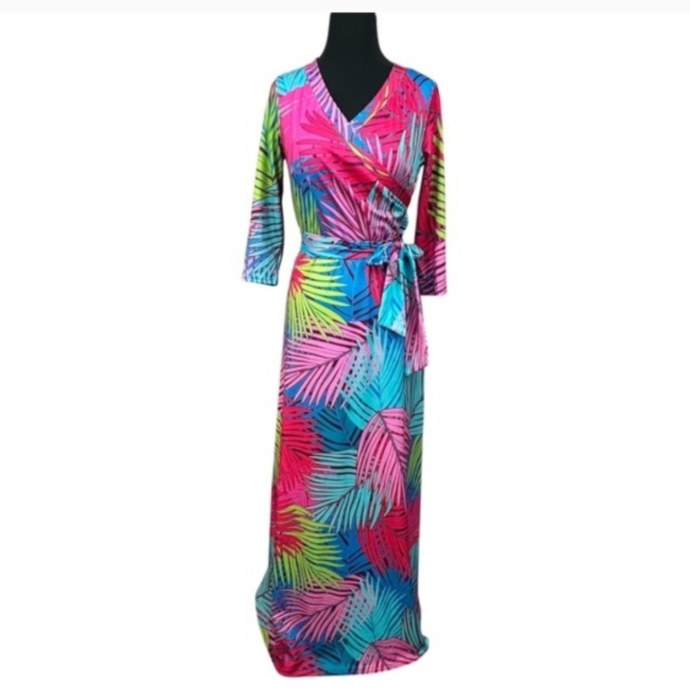 Tropical Women's Multicolor Palm Print Faux Wrap Maxi Dress Size M. - Picture 2 of 13